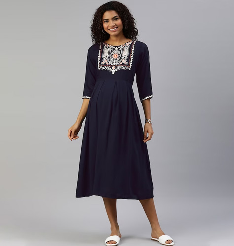 Women Navy Blue Solid Nursing Maternity Maxi Dress
